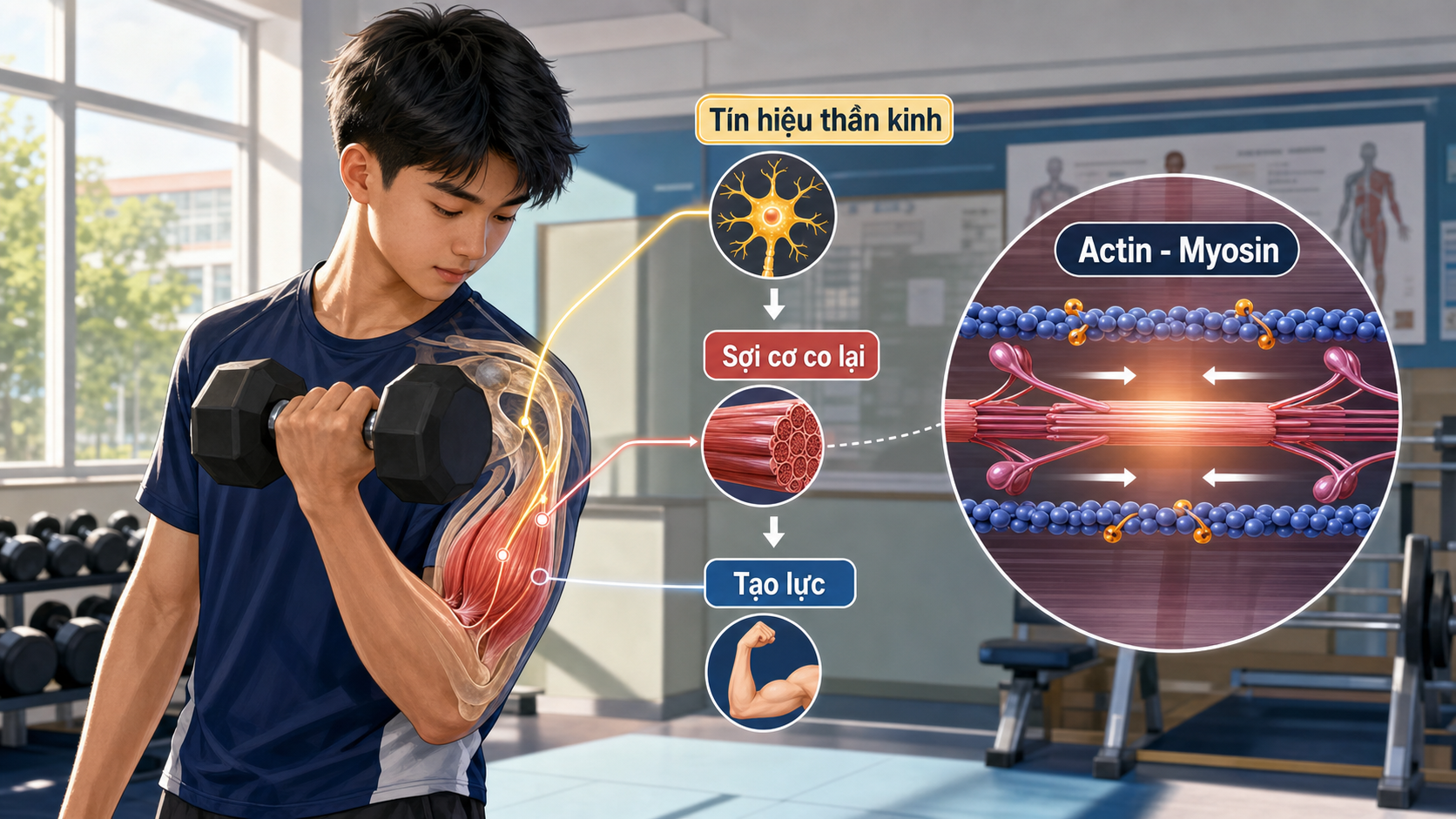 Học sinh nâng tạ và cơ chế cơ bắp co lại