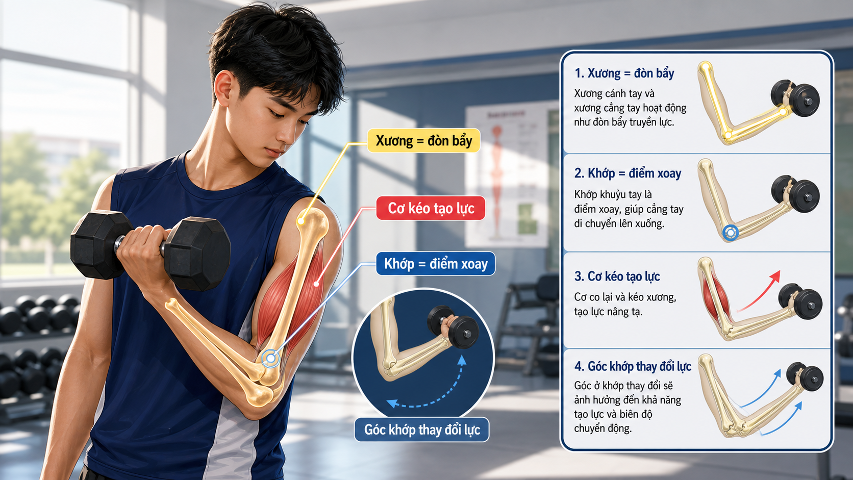 Xương là đòn bẩy, khớp là điểm xoay, cơ tạo lực kéo khi nâng tạ