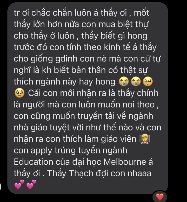 Tin nhắn học trò báo tin trúng tuyển ngành Education, Đại học Melbourne và muốn trở thành giáo viên như thầy